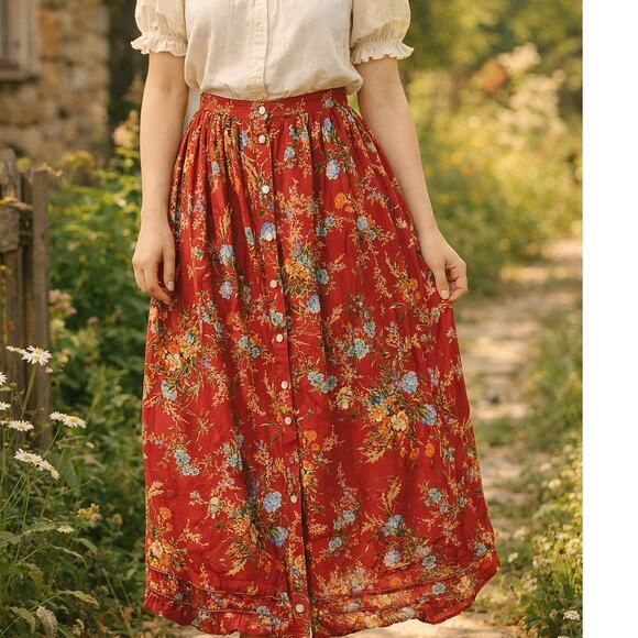 Ralph Lauren Red Floral Button Front FLAWED Midi Skirt 6 Cottagecore Prairie - Picture 1 of 13